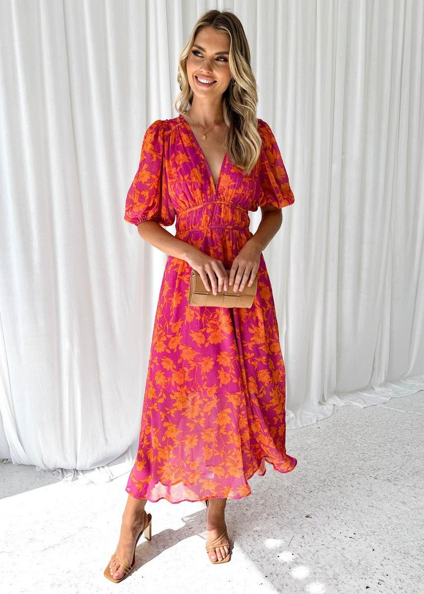 Dames Luchtige Midi Jurk Bloemenprint Pofmouwen V-hals - Roze-Oranje