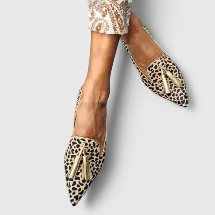 Dames Luipaardprint Instappers Puntneus Loafers Fuchsia Kwastjes - Gold