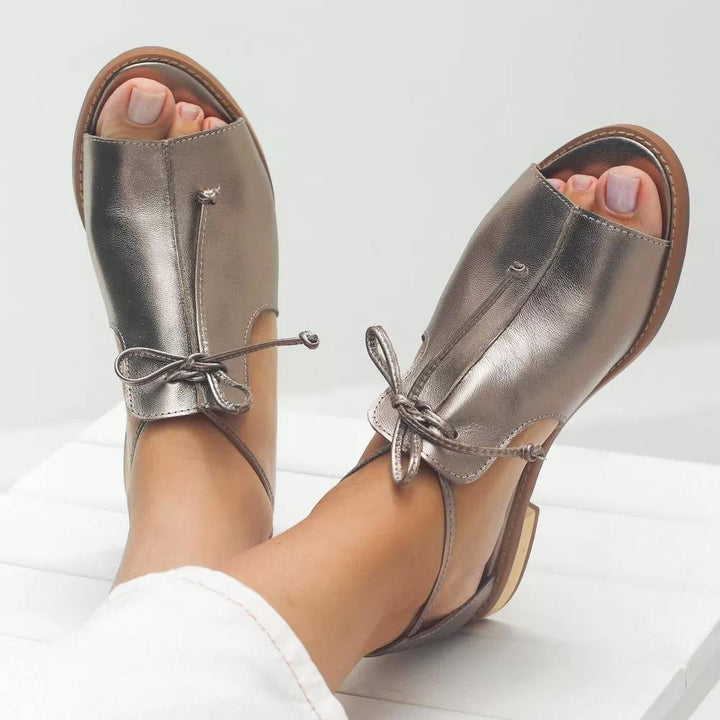 Dames Metallic Open Teen Sandalen Strikbandje Plat - Silver