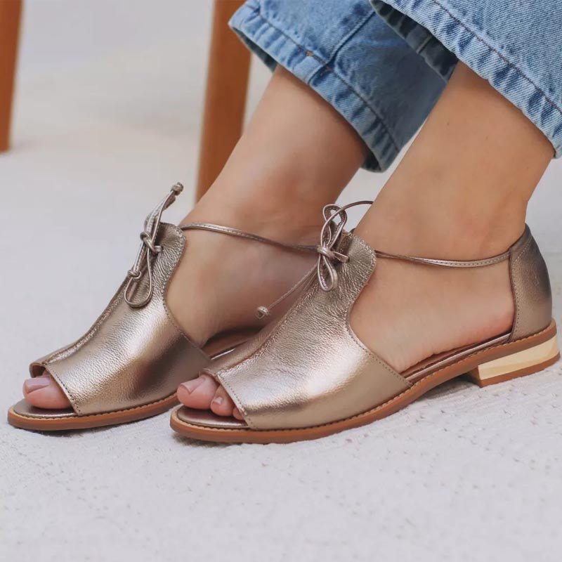 Dames Metallic Open Teen Sandalen Strikbandje Plat - Gold