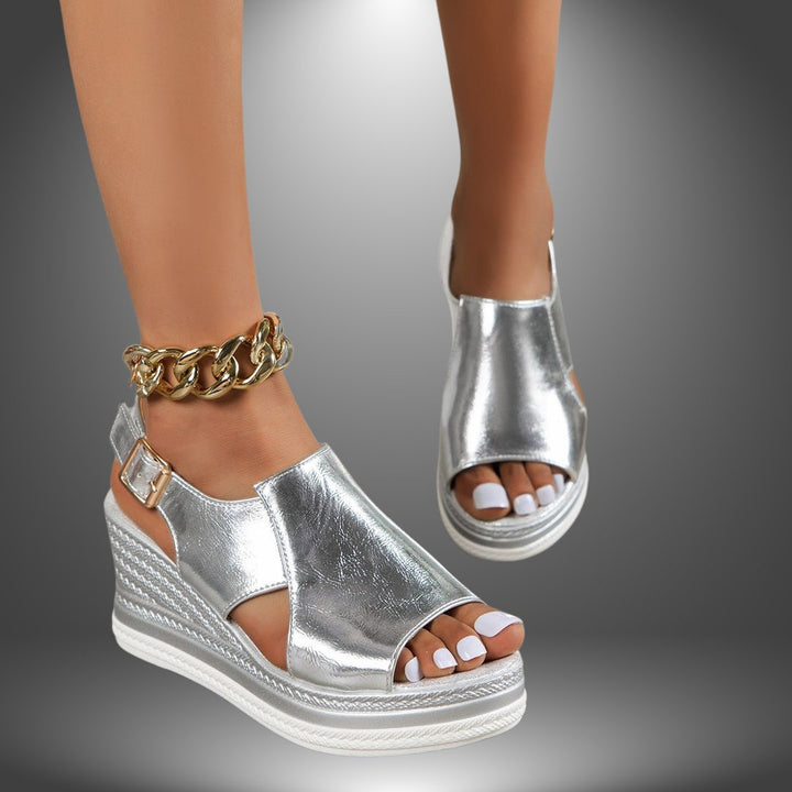 Dames Metallic Platform Sleehak Sandalen Gouden Ketting Enkelband