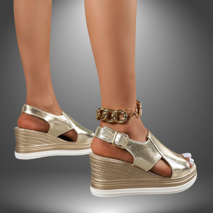 Dames Metallic Platform Sleehak Sandalen Gouden Ketting Enkelband