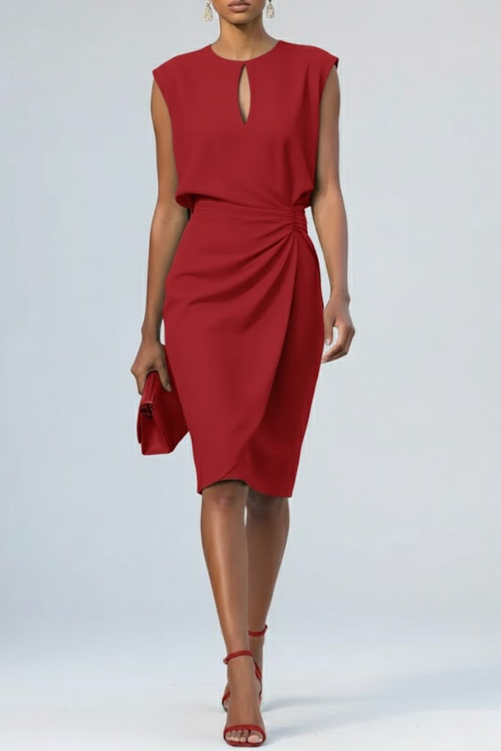 Dames Midi-Jurk Sleutelgat Hals Ruches Detail - Rood