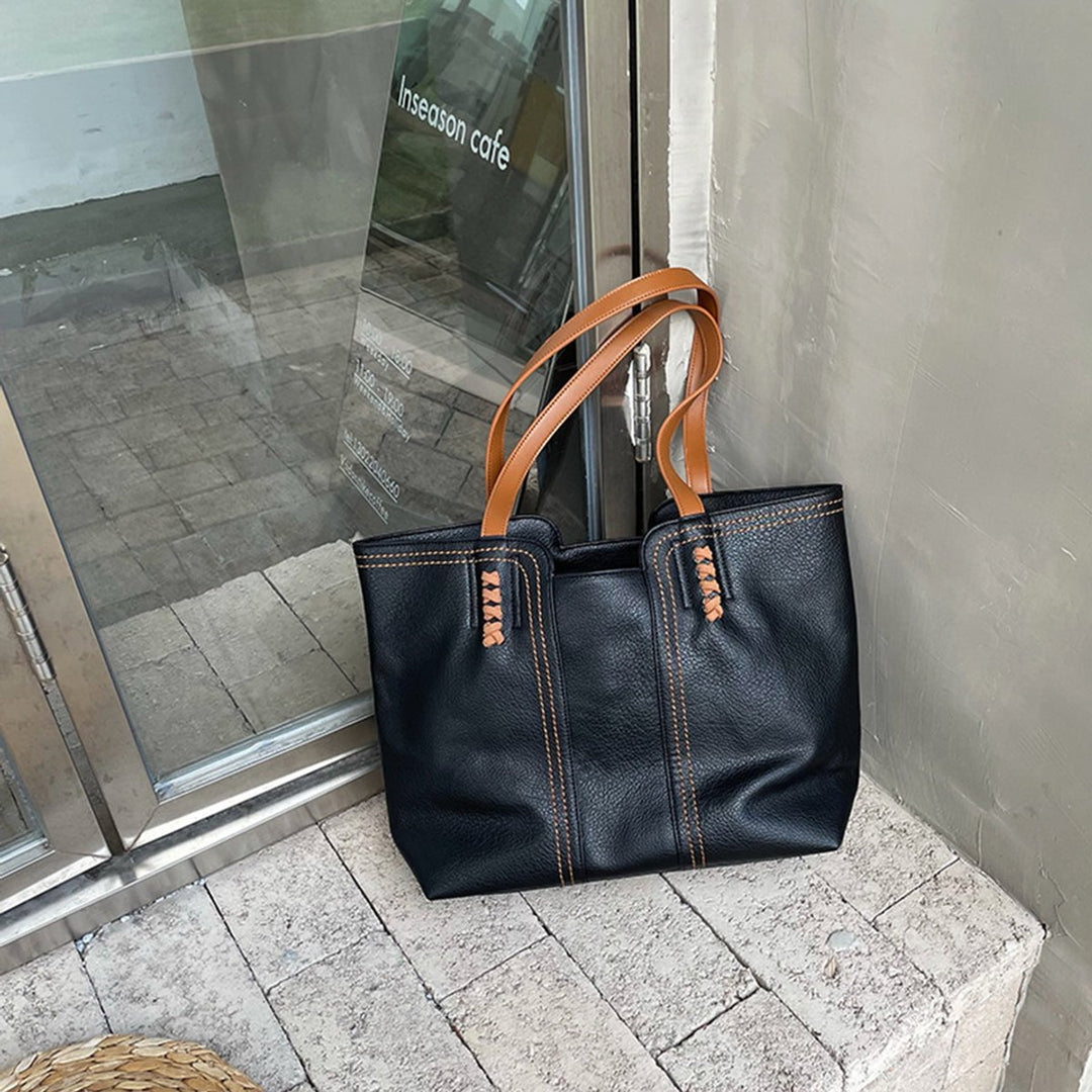 Dames Minimalistische Kunstleren Tote Bag Ruime Schoudertas - Schwarz