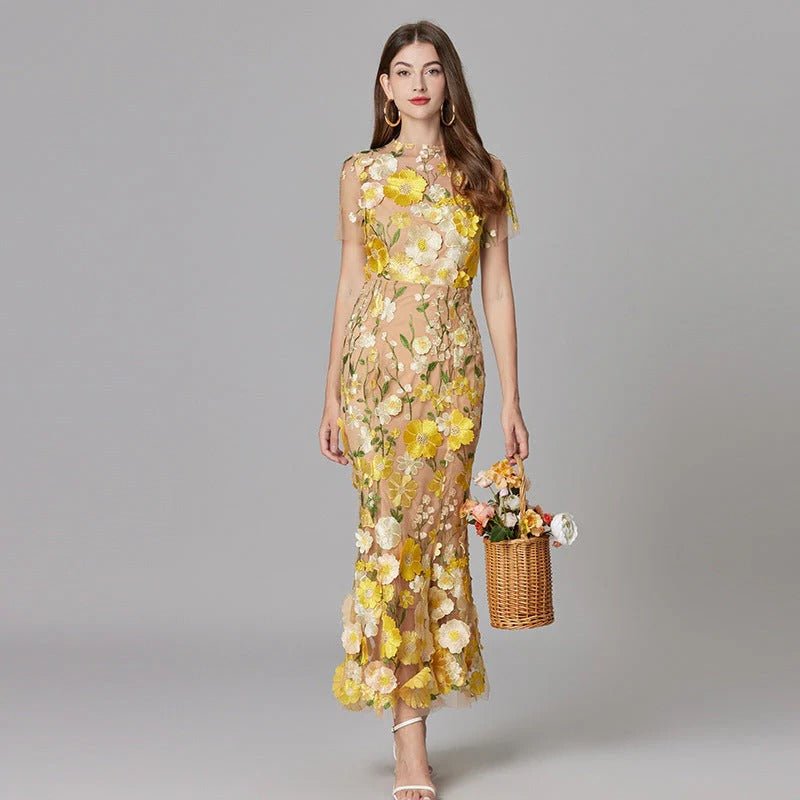 Dames Mouwloze 3D Bloemen Appliqué Transparante Mesh Maxi Jurk - Yellow