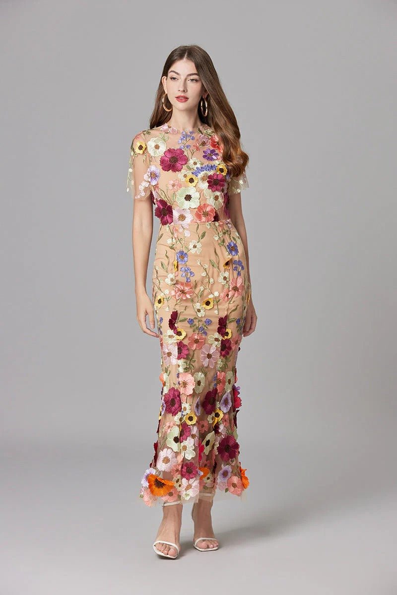 Dames Mouwloze 3D Bloemen Appliqué Transparante Mesh Maxi Jurk