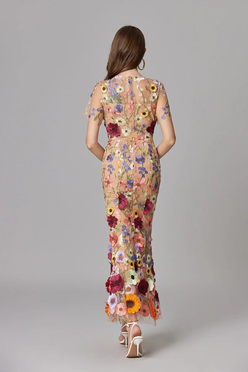Dames Mouwloze 3D Bloemen Appliqué Transparante Mesh Maxi Jurk