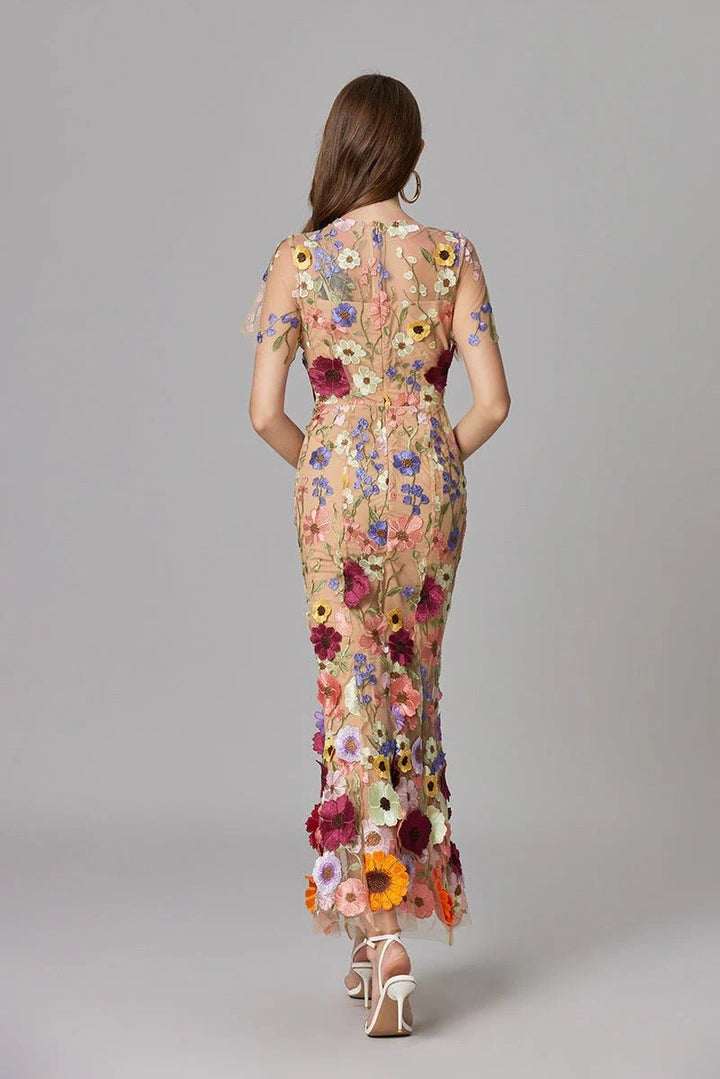 Dames Mouwloze 3D Bloemen Appliqué Transparante Mesh Maxi Jurk