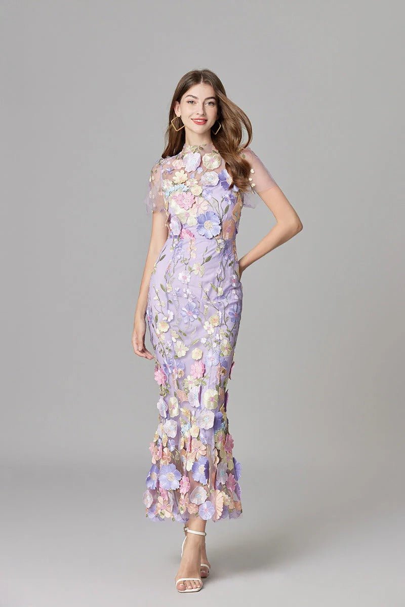 Dames Mouwloze 3D Bloemen Appliqué Transparante Mesh Maxi Jurk
