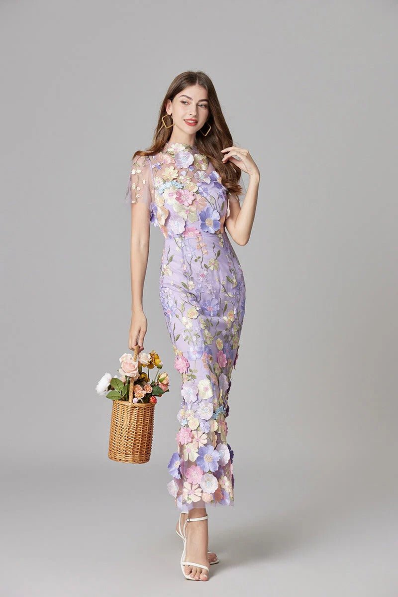 Dames Mouwloze 3D Bloemen Appliqué Transparante Mesh Maxi Jurk