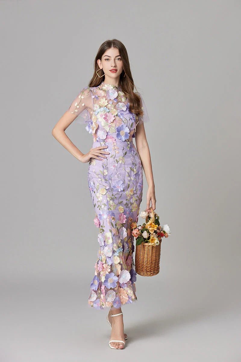 Dames Mouwloze 3D Bloemen Appliqué Transparante Mesh Maxi Jurk