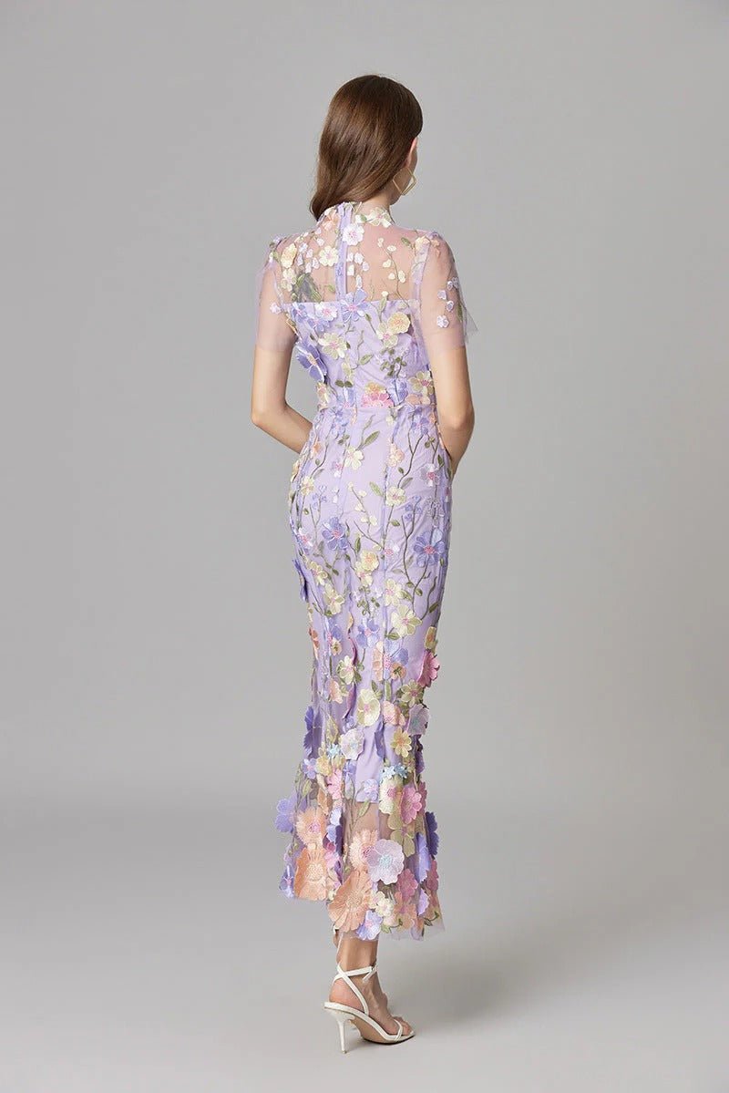Dames Mouwloze 3D Bloemen Appliqué Transparante Mesh Maxi Jurk