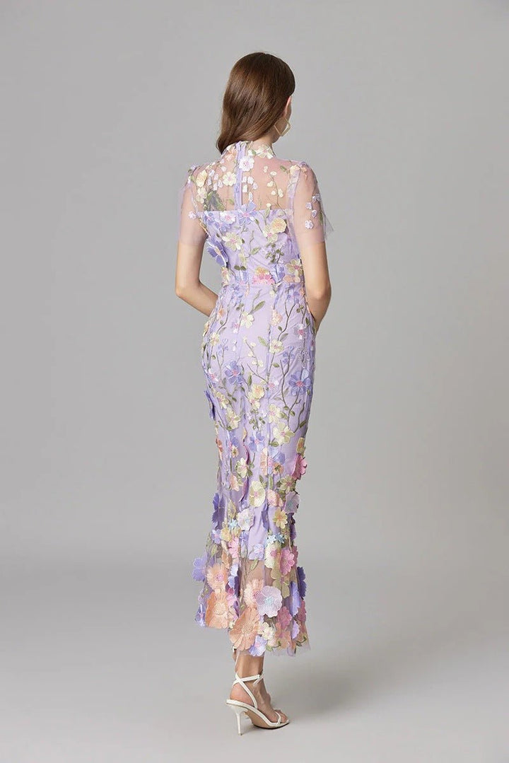 Dames Mouwloze 3D Bloemen Appliqué Transparante Mesh Maxi Jurk