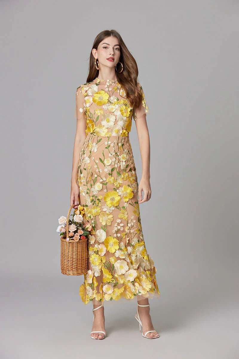 Dames Mouwloze 3D Bloemen Appliqué Transparante Mesh Maxi Jurk