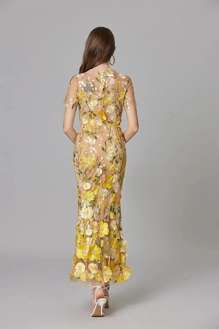 Dames Mouwloze 3D Bloemen Appliqué Transparante Mesh Maxi Jurk