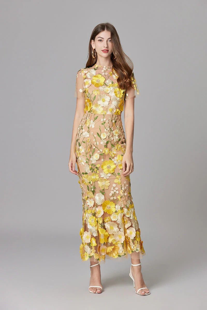 Dames Mouwloze 3D Bloemen Appliqué Transparante Mesh Maxi Jurk