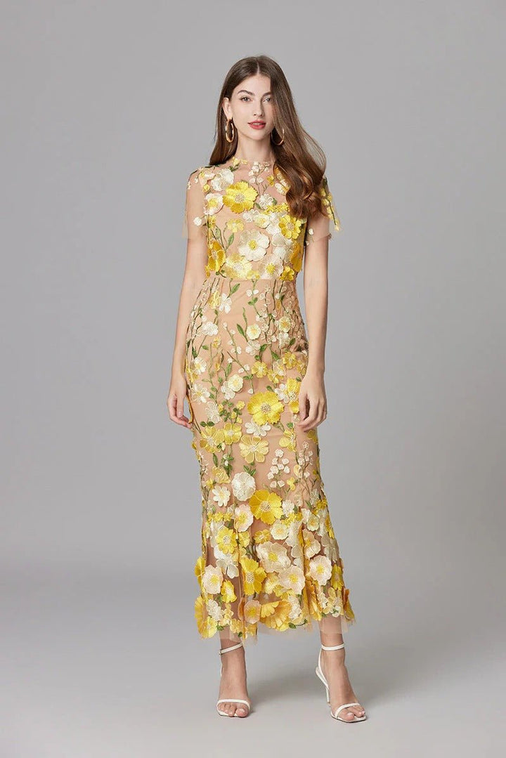 Dames Mouwloze 3D Bloemen Appliqué Transparante Mesh Maxi Jurk