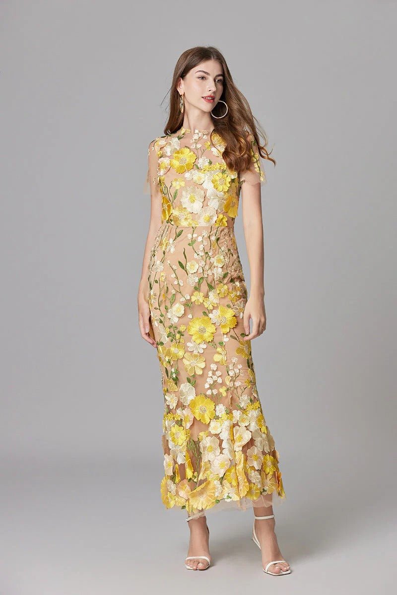 Dames Mouwloze 3D Bloemen Appliqué Transparante Mesh Maxi Jurk