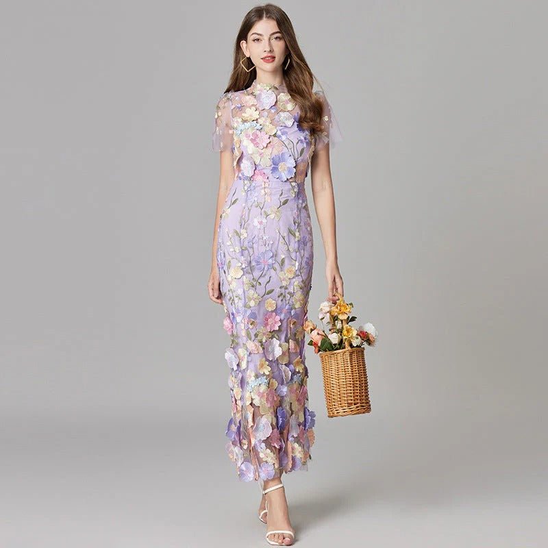Dames Mouwloze 3D Bloemen Appliqué Transparante Mesh Maxi Jurk - Purple