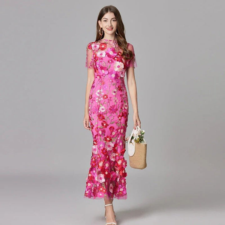 Dames Mouwloze 3D Bloemen Appliqué Transparante Mesh Maxi Jurk - Dark Pink