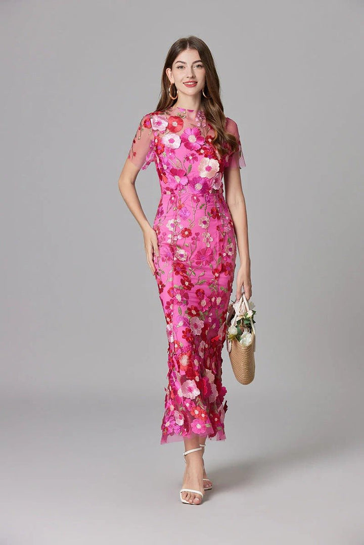 Dames Mouwloze 3D Bloemen Appliqué Transparante Mesh Maxi Jurk