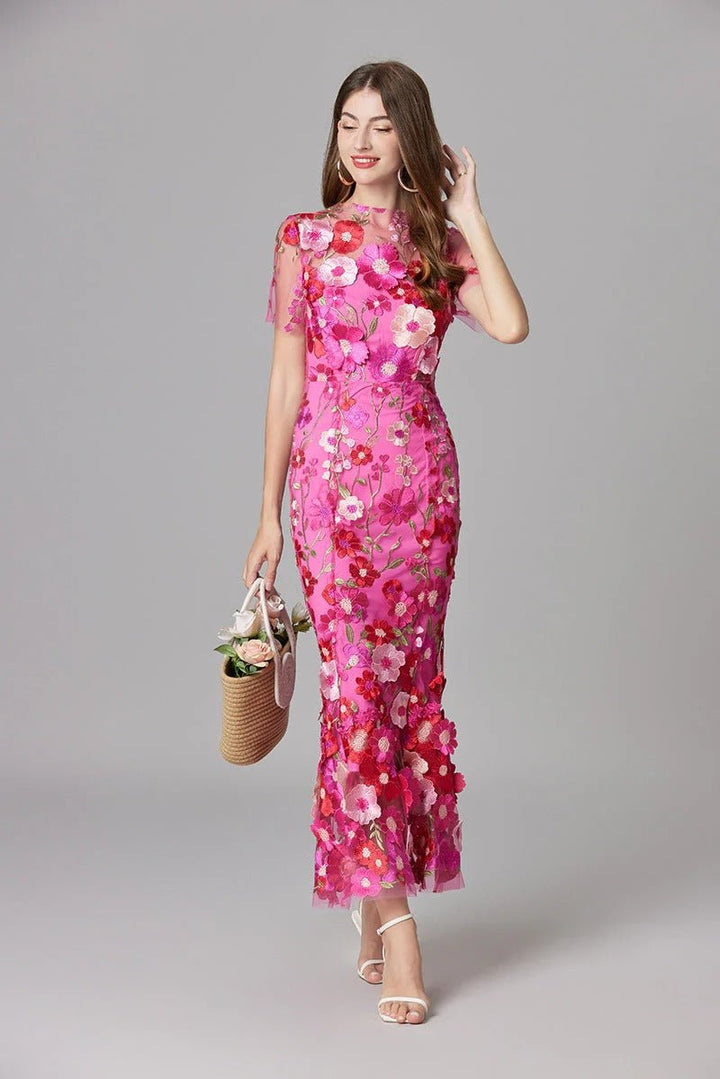 Dames Mouwloze 3D Bloemen Appliqué Transparante Mesh Maxi Jurk