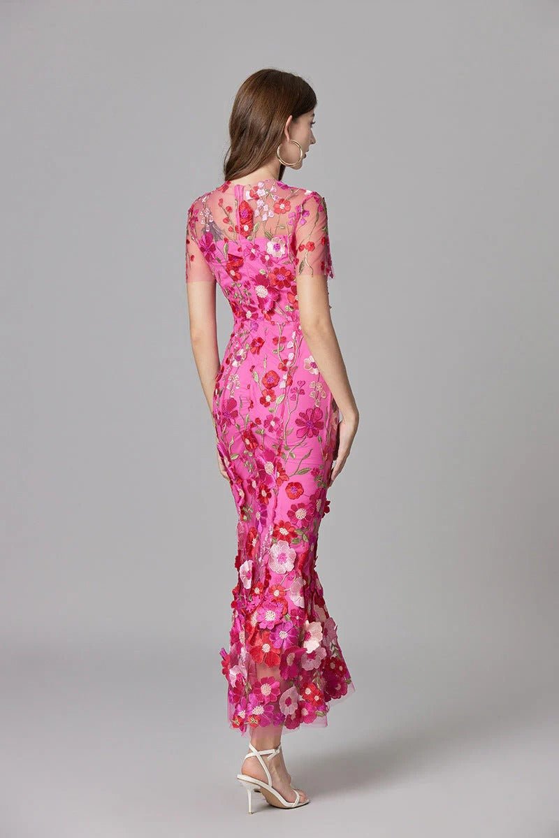 Dames Mouwloze 3D Bloemen Appliqué Transparante Mesh Maxi Jurk