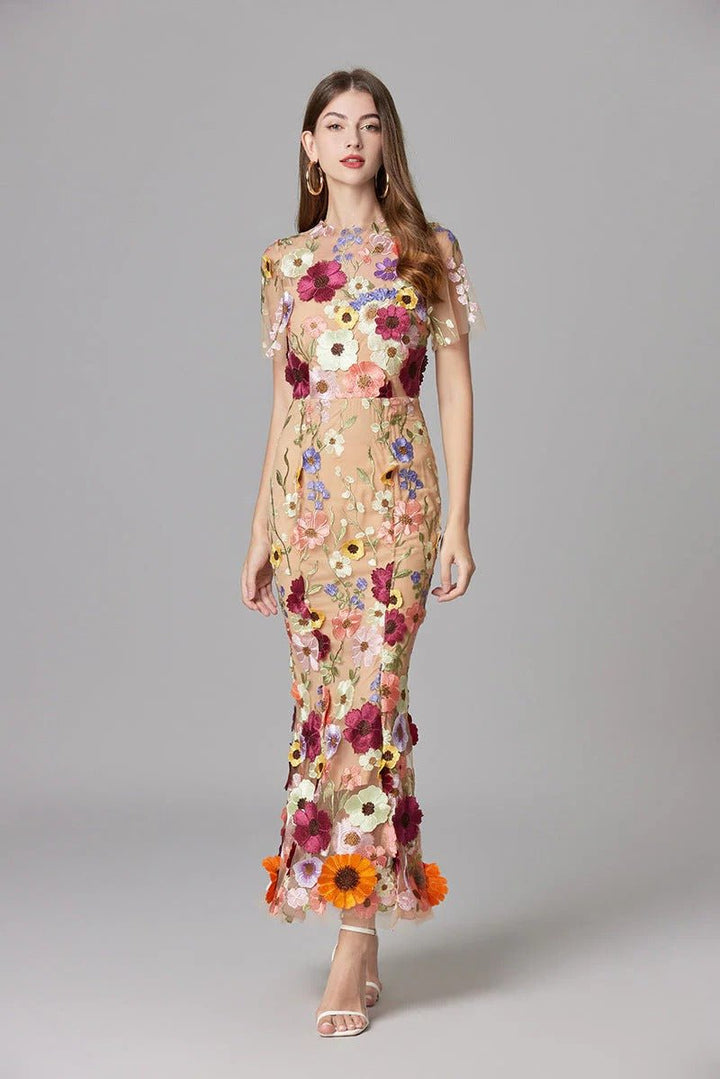 Dames Mouwloze 3D Bloemen Appliqué Transparante Mesh Maxi Jurk