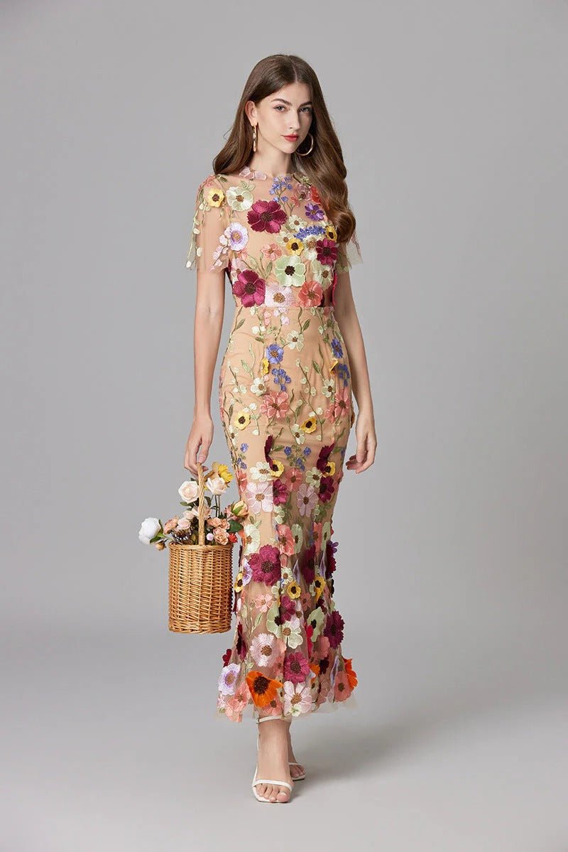 Dames Mouwloze 3D Bloemen Appliqué Transparante Mesh Maxi Jurk