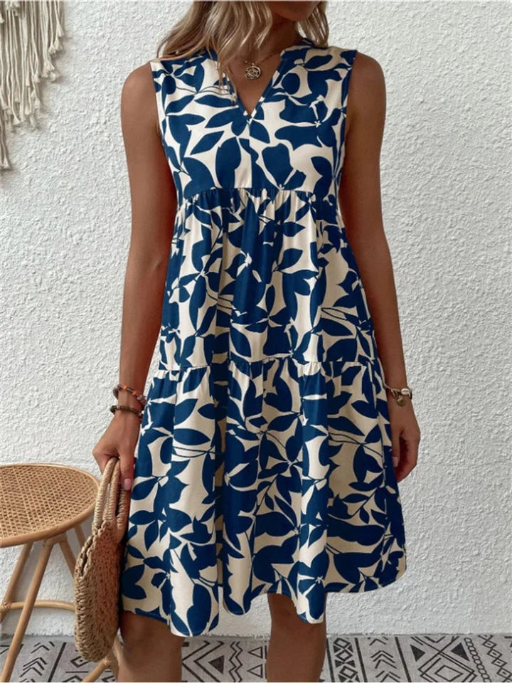 Dames Mouwloze A-lijn Zomerjurk Tropische Bladprint V-hals - Blauw