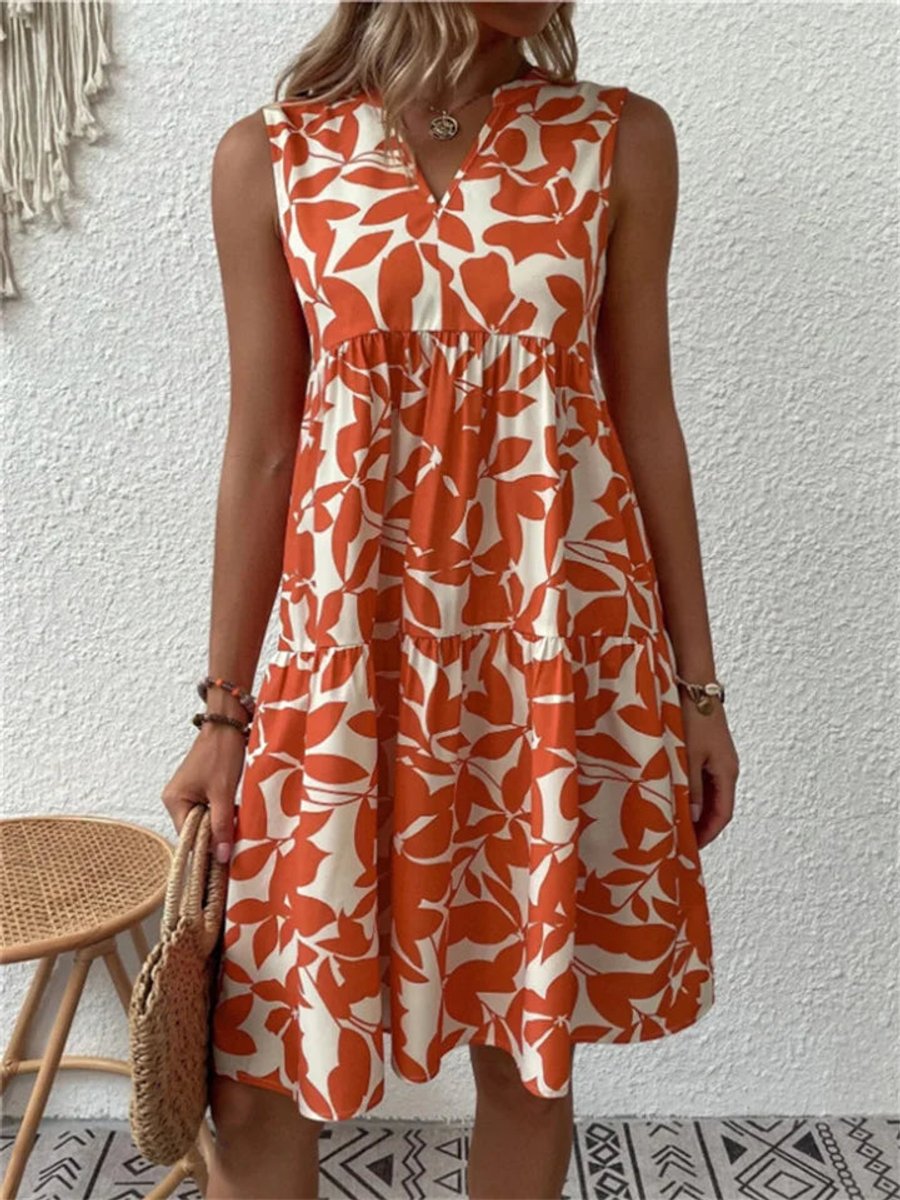 Dames Mouwloze A-lijn Zomerjurk Tropische Bladprint V-hals - Rood