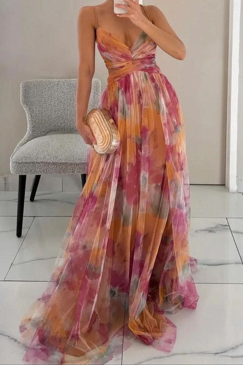 Dames Mouwloze Bloemenprint Maxi Cocktail Dress A-Lijn - Orange