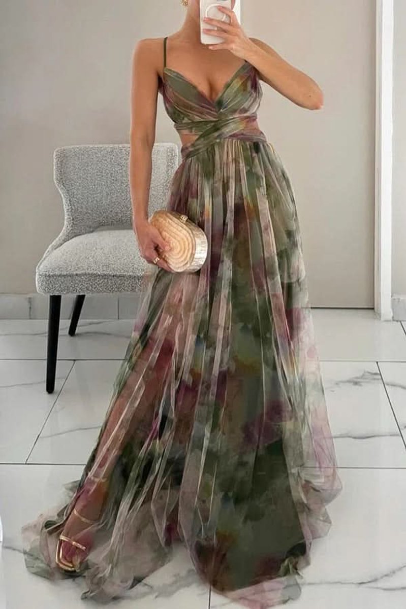 Dames Mouwloze Bloemenprint Maxi Cocktail Dress A-Lijn - Green