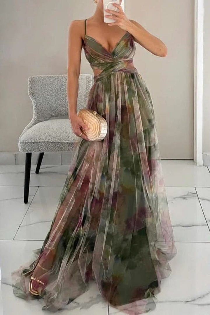 Dames Mouwloze Bloemenprint Maxi Cocktail Dress A-Lijn - Green