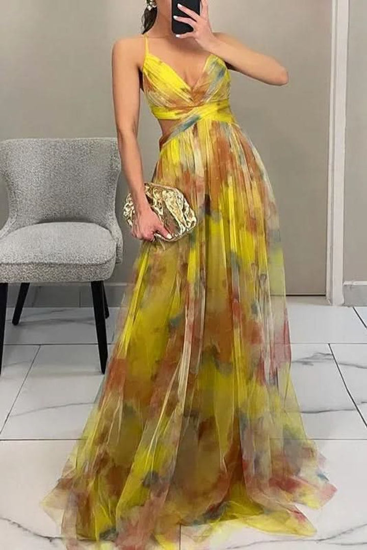 Dames Mouwloze Bloemenprint Maxi Cocktail Dress A-Lijn - Yellow