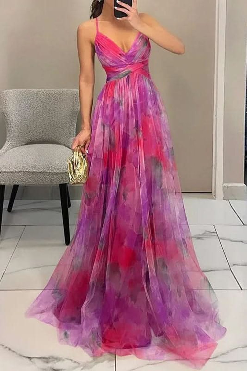 Dames Mouwloze Bloemenprint Maxi Cocktail Dress A-Lijn - Pink