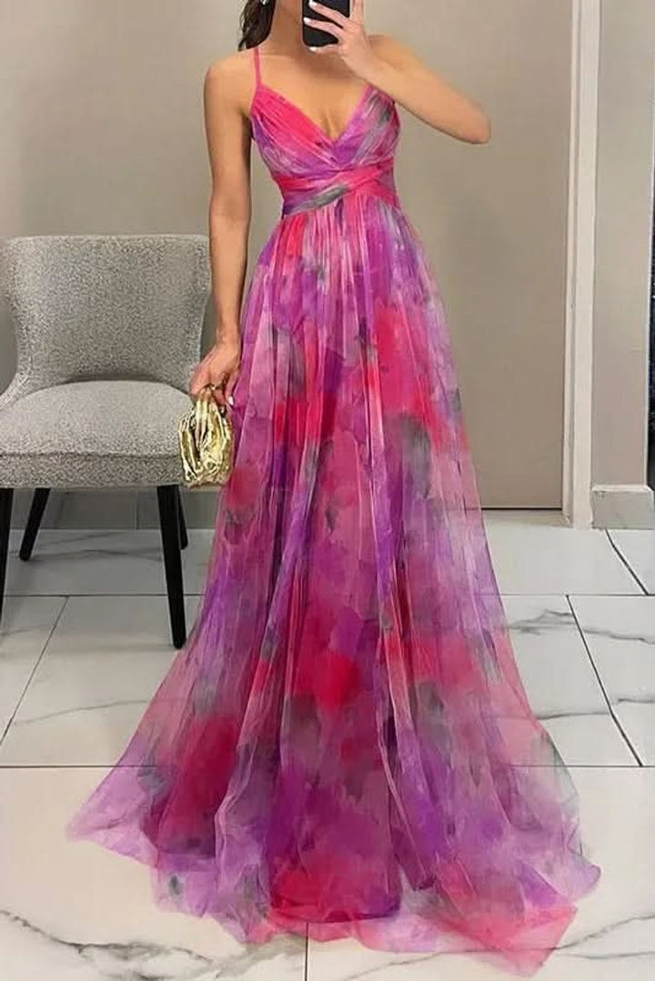 Dames Mouwloze Bloemenprint Maxi Cocktail Dress A-Lijn - Pink