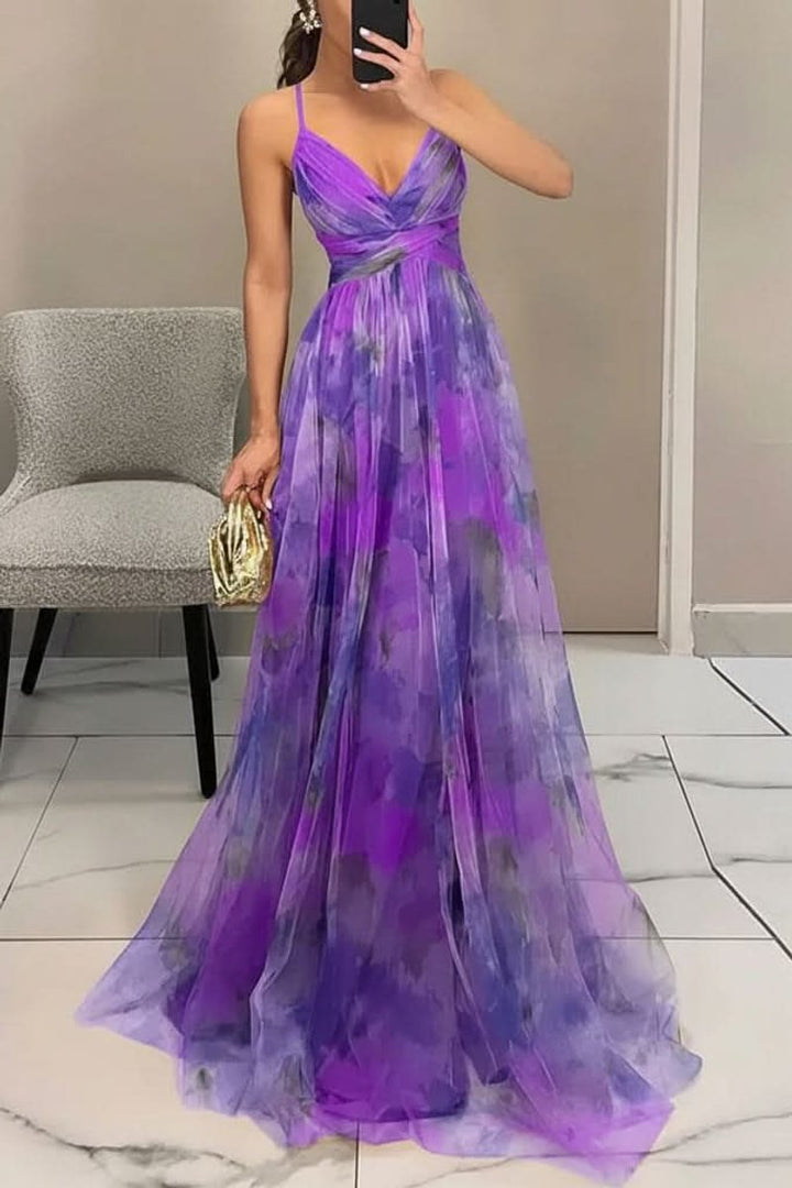 Dames Mouwloze Bloemenprint Maxi Cocktail Dress A-Lijn - Purple