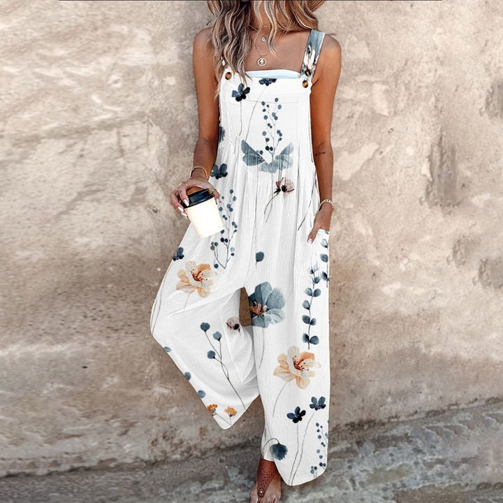 Dames Mouwloze Bloemenprint Wide-Leg Jumpsuit Tuinbroek - White