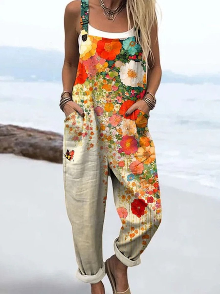Dames Mouwloze Bloemenprint Wide Leg Pants Jumpsuit - Meerkleurig