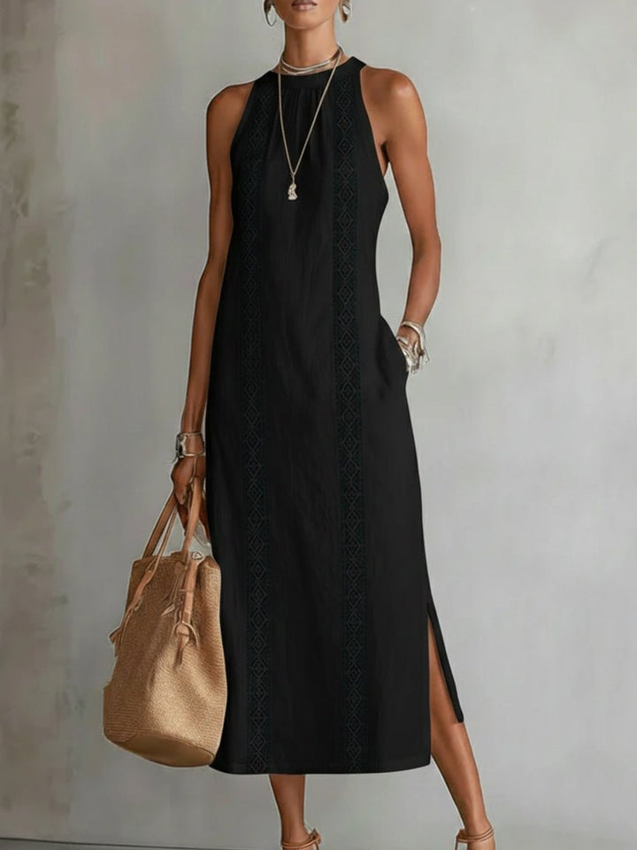 Dames Mouwloze Geborduurd Midi Jurk Ronde Hals - Black
