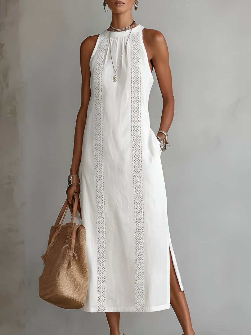 Dames Mouwloze Geborduurd Midi Jurk Ronde Hals - White
