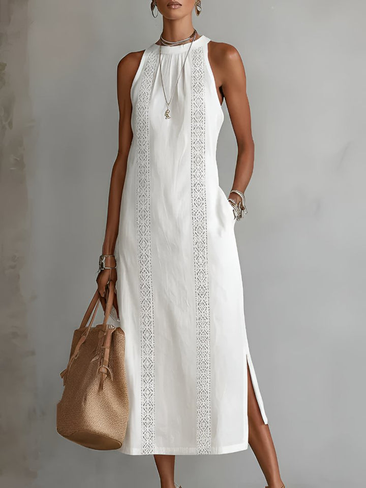Dames Mouwloze Geborduurd Midi Jurk Ronde Hals - White