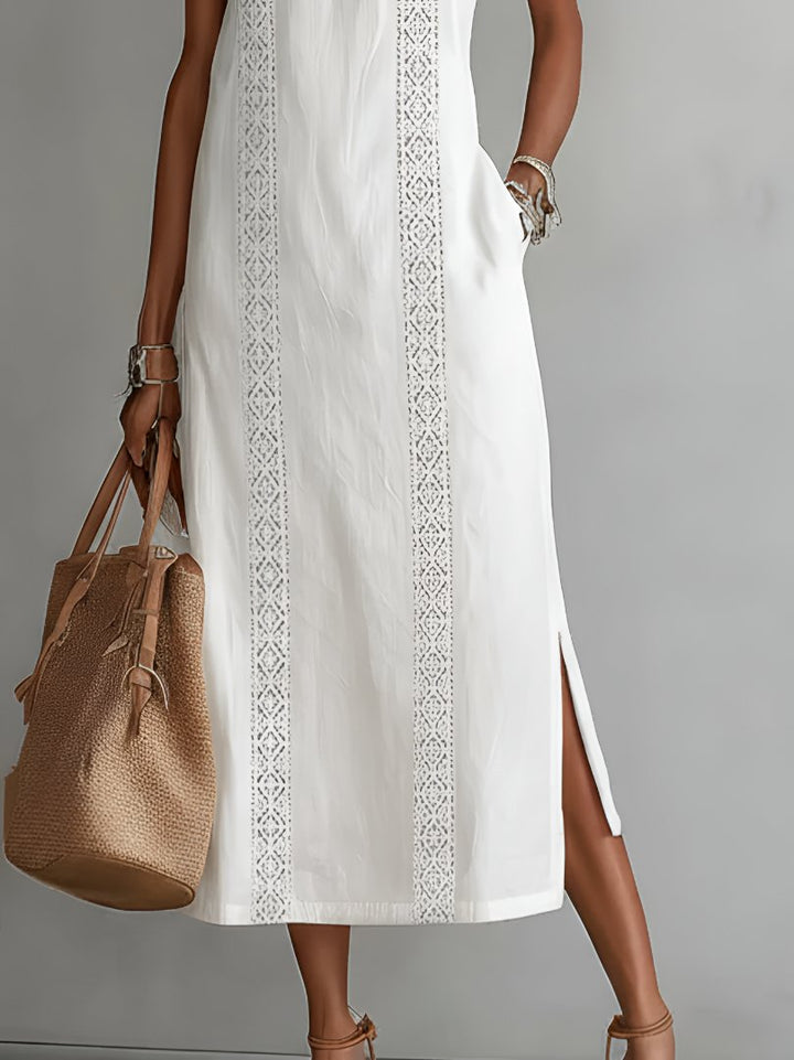 Dames Mouwloze Geborduurd Midi Jurk Ronde Hals