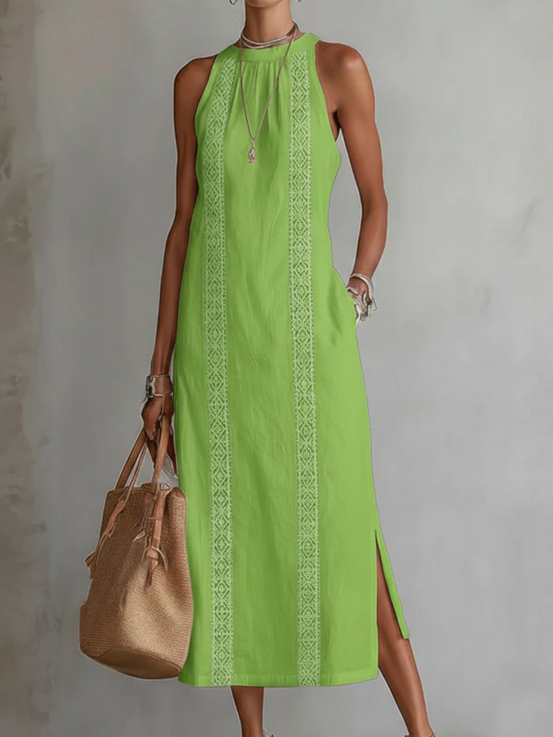 Dames Mouwloze Geborduurd Midi Jurk Ronde Hals - Green