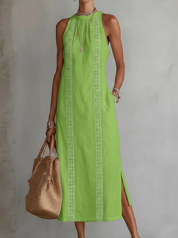 Dames Mouwloze Geborduurd Midi Jurk Ronde Hals - Green