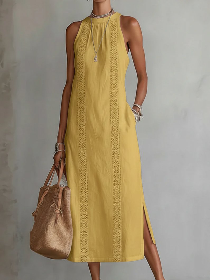Dames Mouwloze Geborduurd Midi Jurk Ronde Hals - Yellow