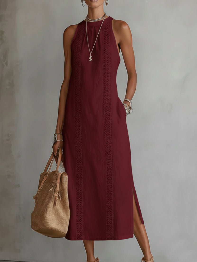 Dames Mouwloze Geborduurd Midi Jurk Ronde Hals - Red