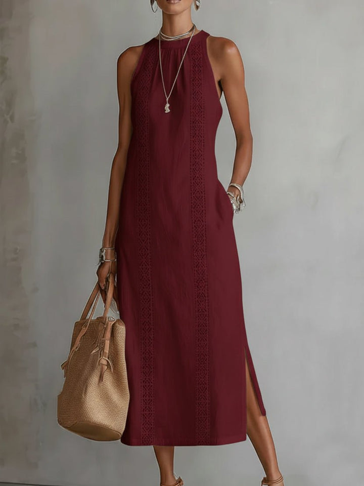 Dames Mouwloze Geborduurd Midi Jurk Ronde Hals - Red