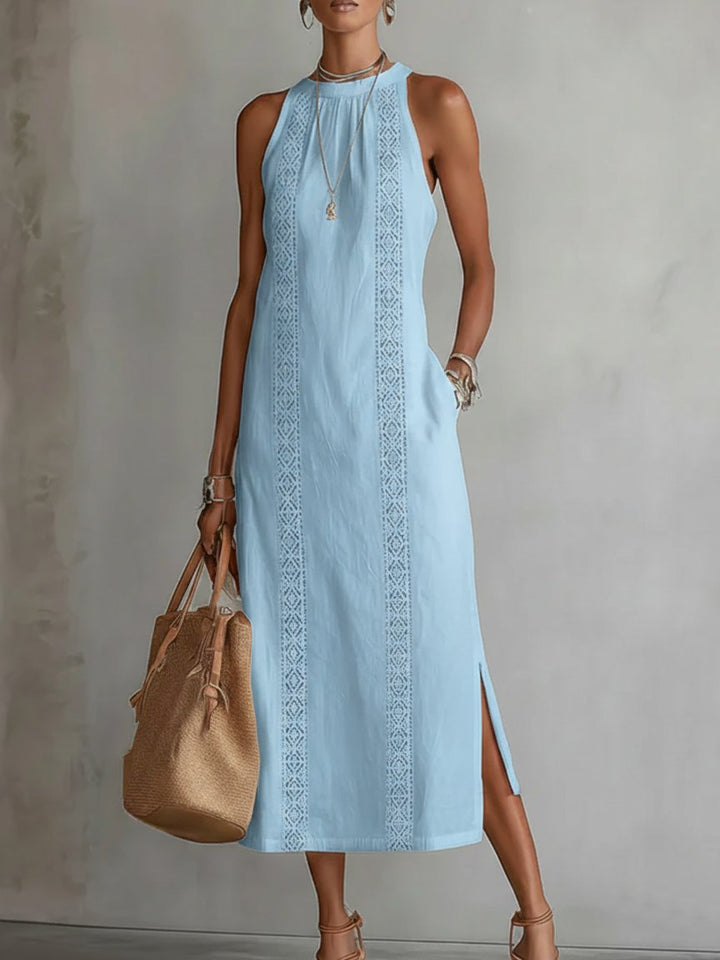 Dames Mouwloze Geborduurd Midi Jurk Ronde Hals - Blue